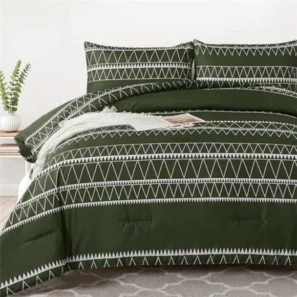 Olive Green Comforter Set King (104"×90"),Reversible Green Boho Triangle Pattern - Picture 8 of 8